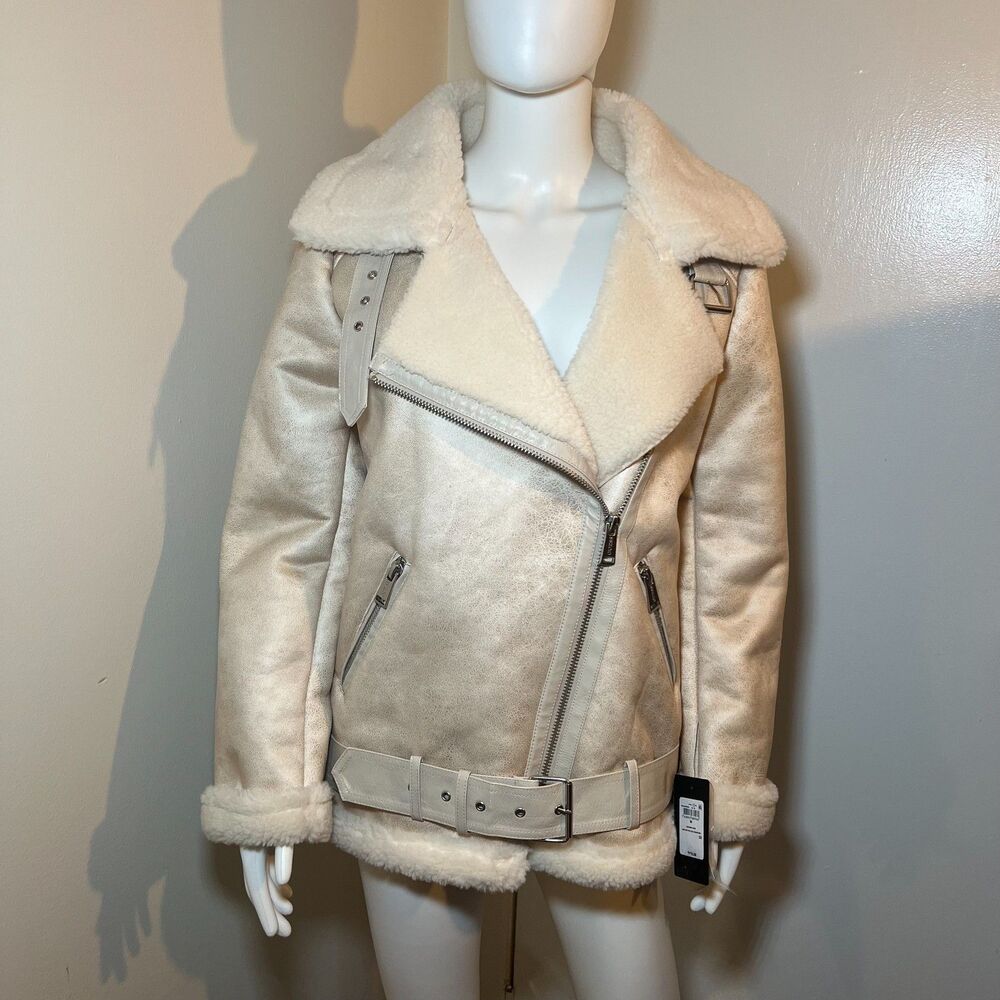 NWT Guess Fur Moto Aviator Jacket M High Neck Buckle Belt Retro 70s Quiet Luxury
